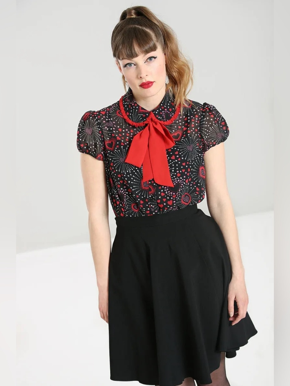Hell Bunny Out Of Sheer Love Tie Neck Blouse Womens M Retro Pinup